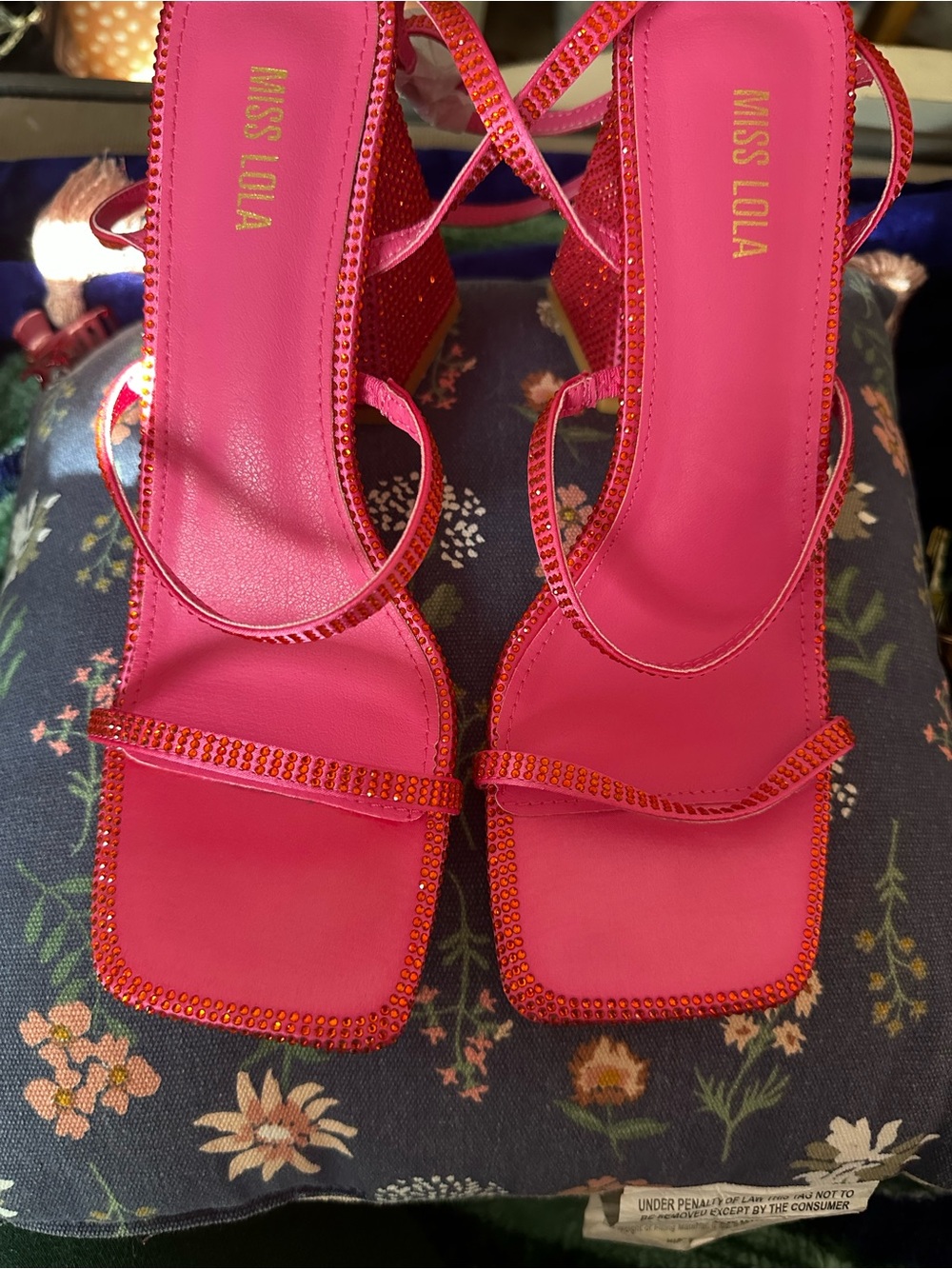 Miss Lola Fuchsia Rhinestone Strap Block Heels